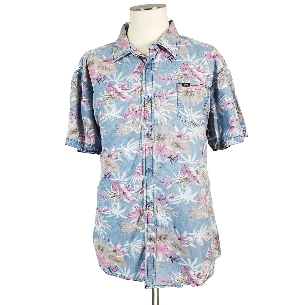 Lee Button-Up Men 2XL Blue Hawaiian Floral Tropical Cotton Short Sleeve Shirt